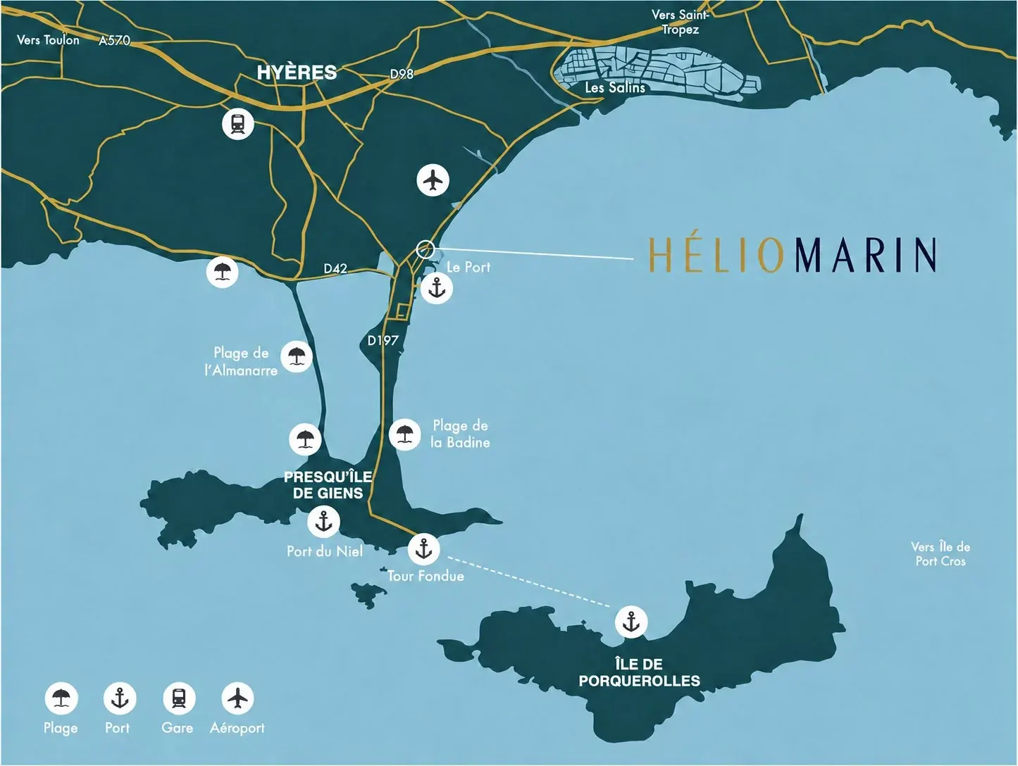 Carte de localisation d’HÉLIO MARIN au port de Hyères : presqu’île de Giens, île de Porquerolles, aéroport et gare