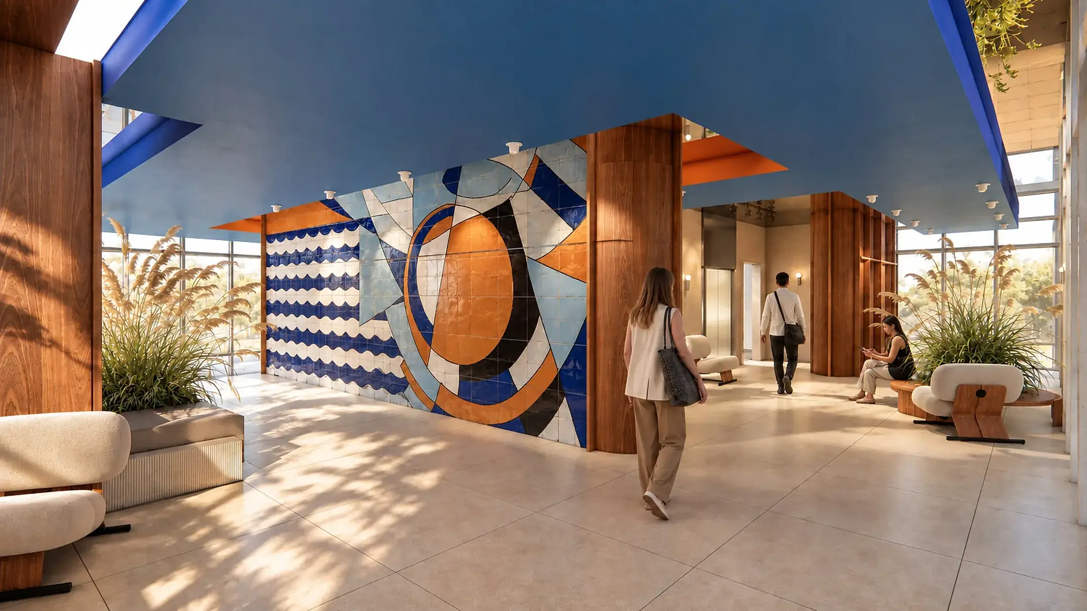 Hall HÉLIO MARIN et sa mosaïque de céramique au soleil orange