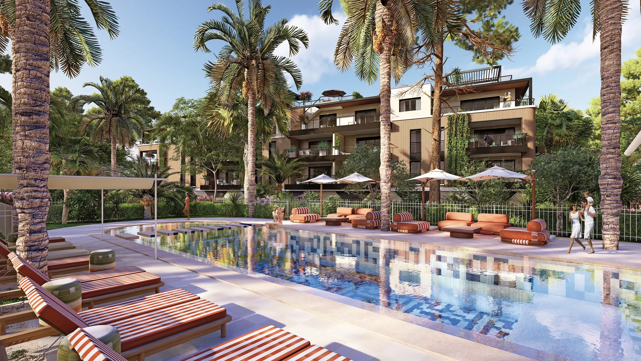 La piscine du Domaine et ses transats
