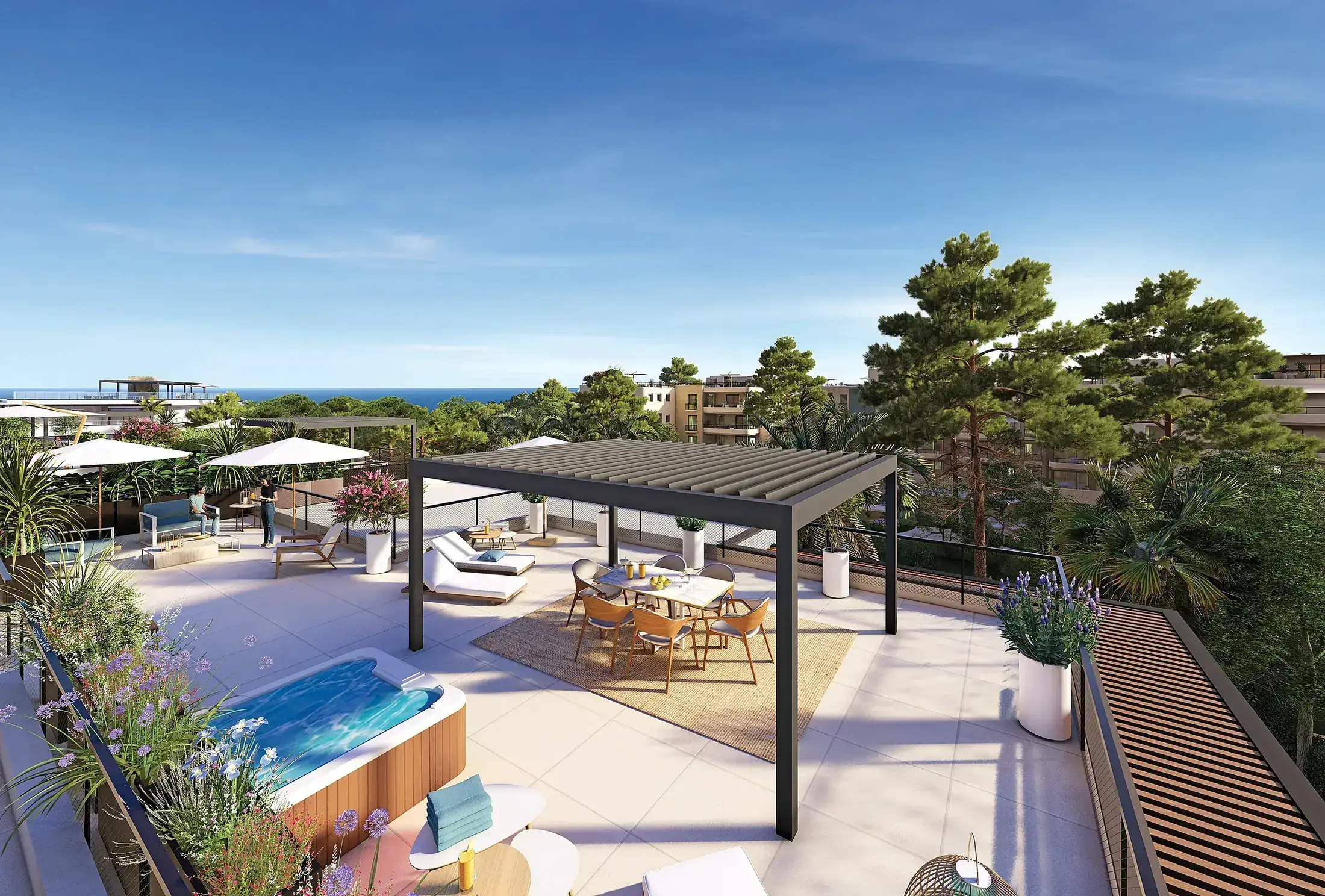 Rooftop privatif avec jacuzzi et pergola, vue mer